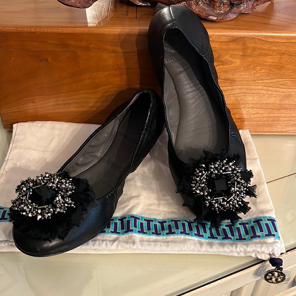 Tory Burch Black Leather Embellished Ballet Flats